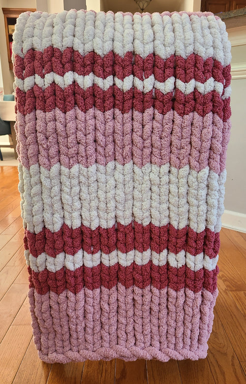 English Tea Rose — dusty rose, creamy ivory, and mulberry — hung full length showing the stripe sequence
