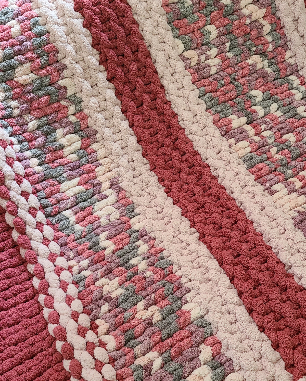 Equinox Blossom — mulberry, dusty pink, and sage — close view of the pale pink border band