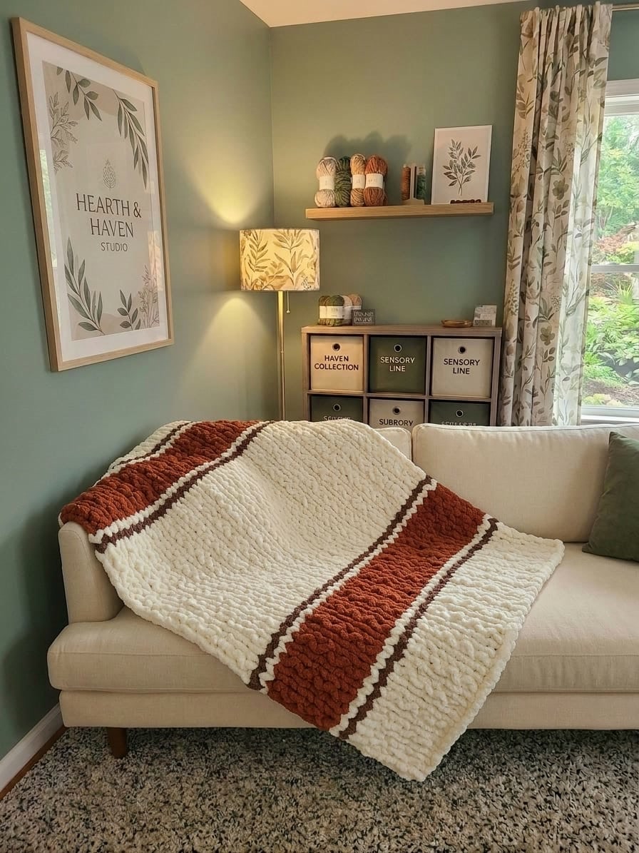 Autumn Ember — copper, coffee brown, and vintage white — draped over a cream sofa in the studio