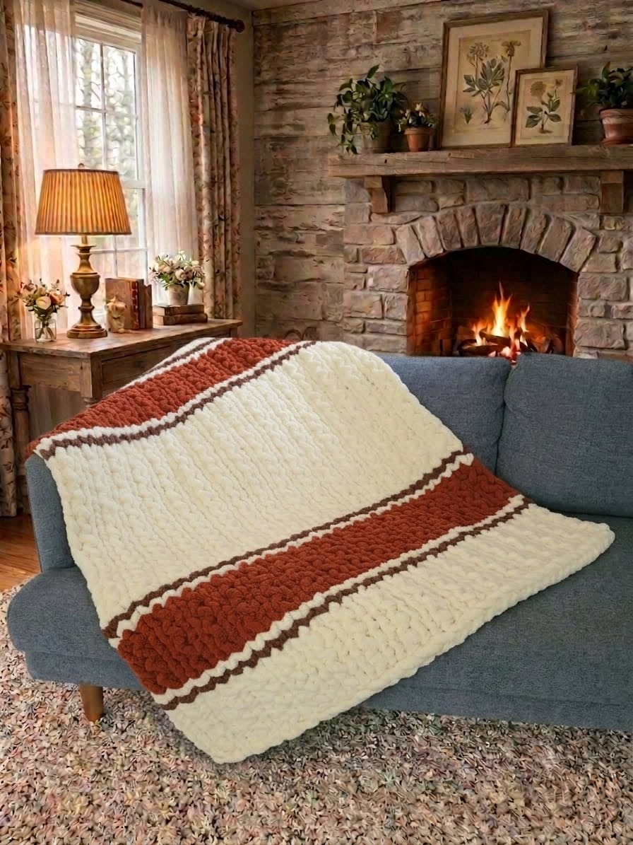 Autumn Ember — copper, coffee brown, and vintage white — draped over a sofa beside a lit stone fireplace