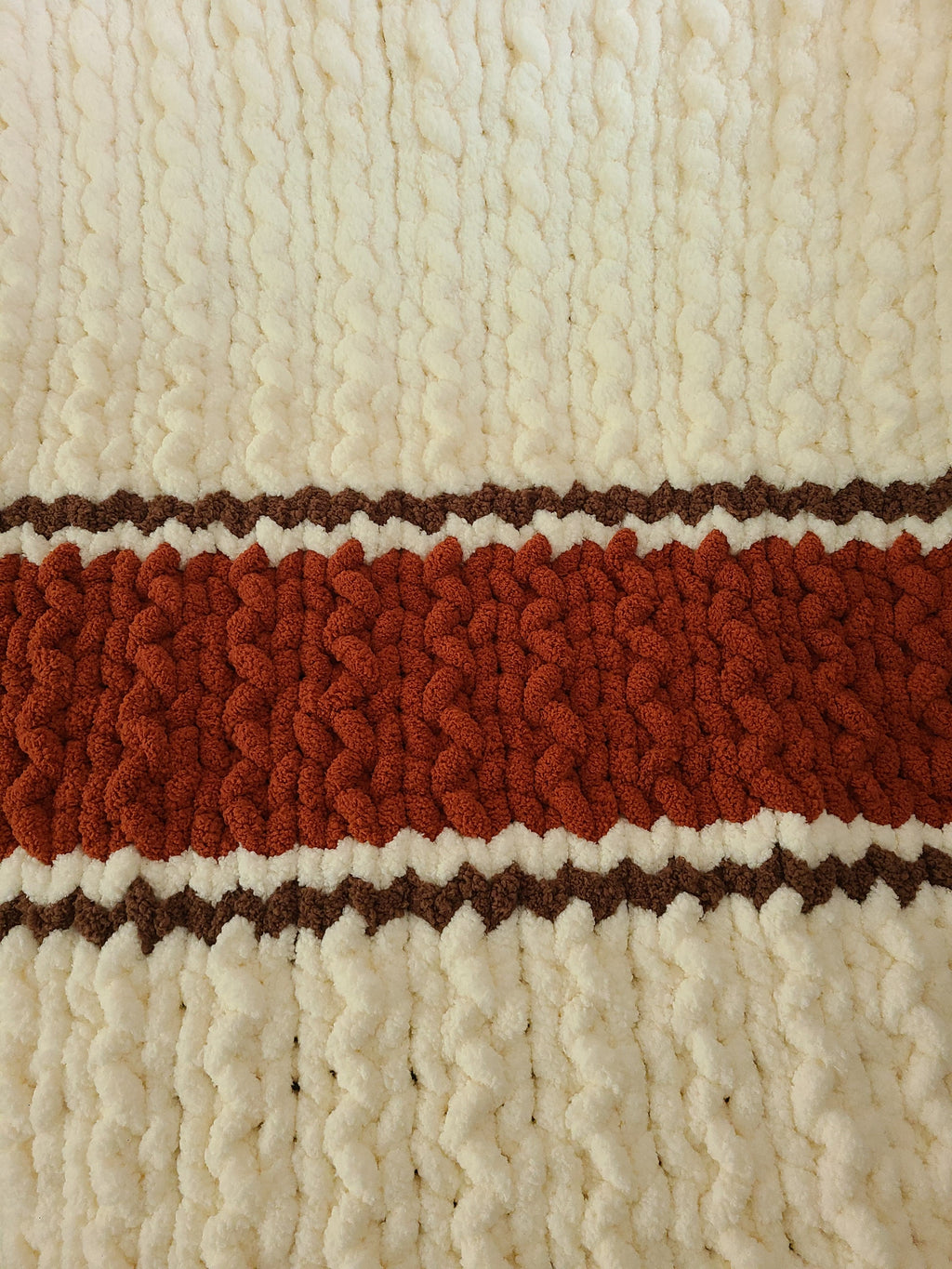 Autumn Ember — copper, coffee brown, and vintage white — close-up of the broken herringbone knit texture
