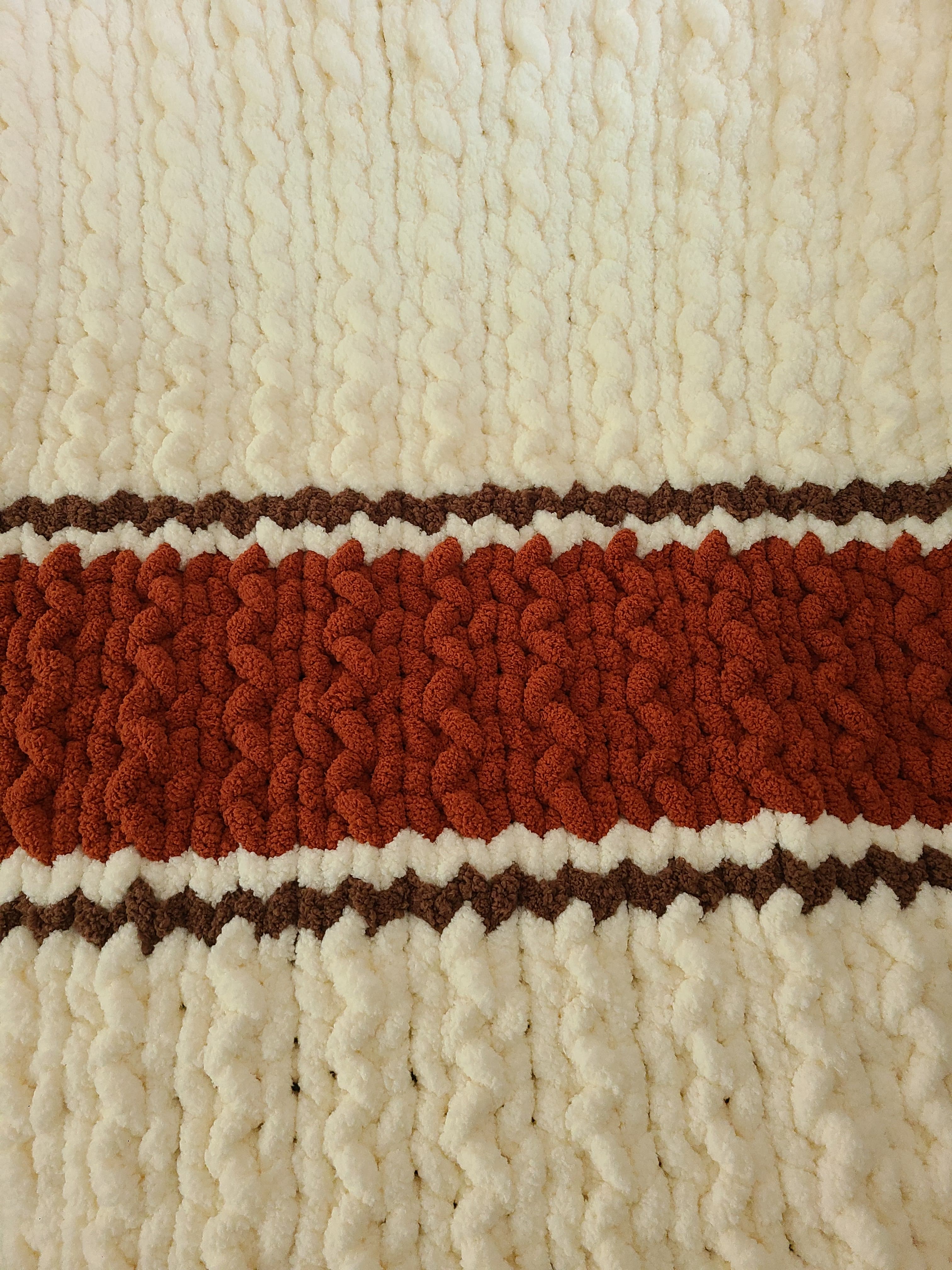 Autumn Ember — copper, coffee brown, and vintage white — close-up of the broken herringbone knit texture