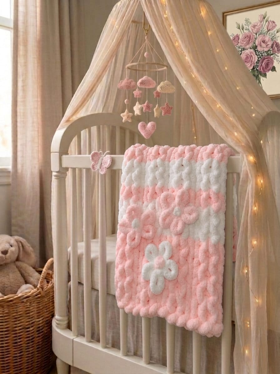 Blushing Mist baby blanket — white and soft pink — hung over a crib rail beneath a canopy and mobile