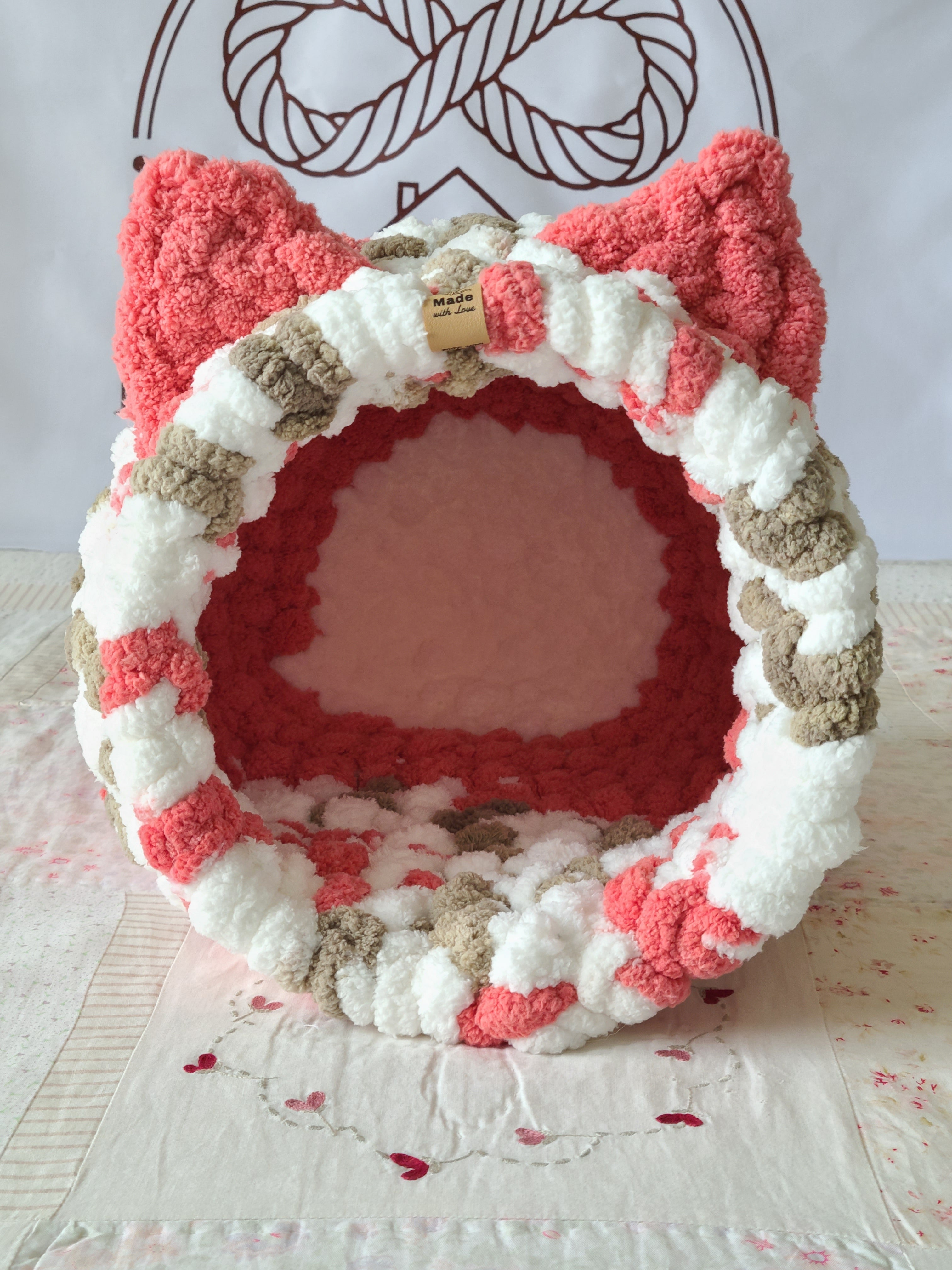 Snuggle Pod in Desert Rose — coral, cream and olive chenille — front view with rust-pink cushioned floor