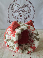 Snuggle Pod in Desert Rose — coral, cream and olive chenille — angled view showing the domed entrance