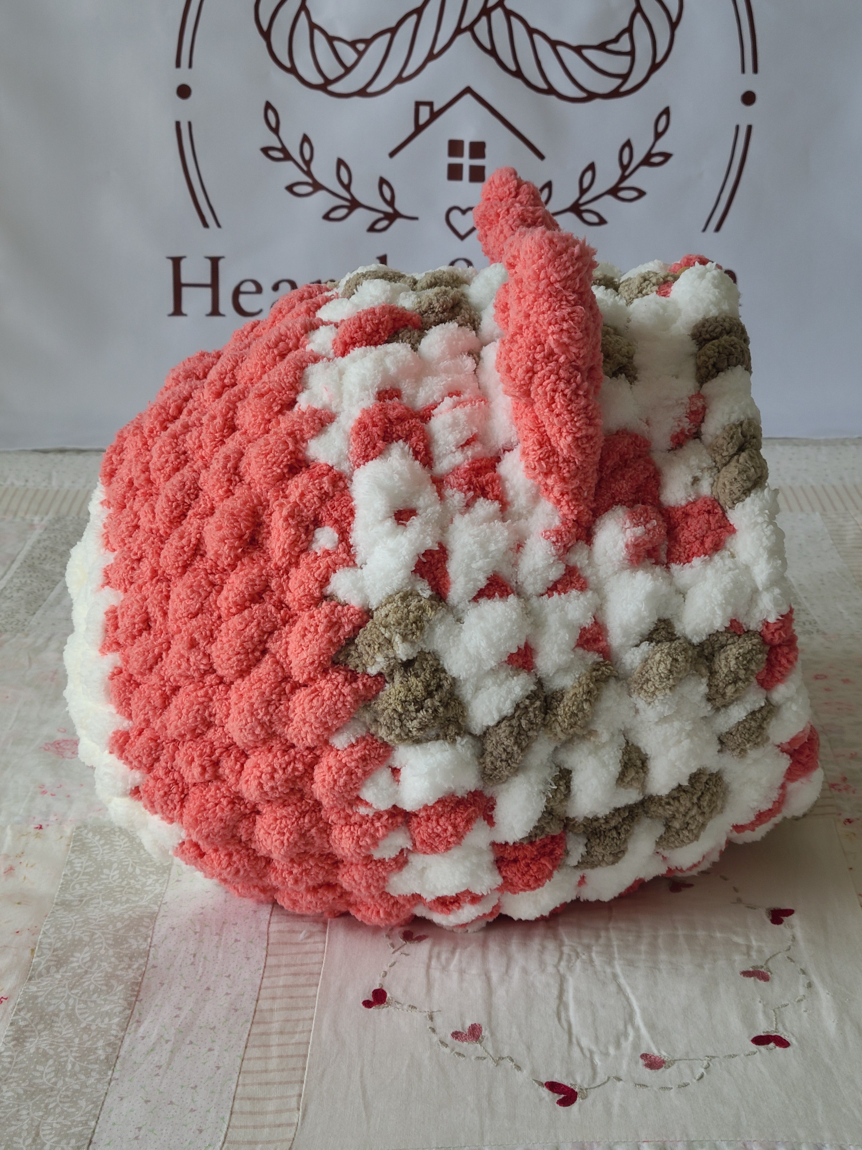 Snuggle Pod in Desert Rose — coral, cream and olive chenille — side view with the knit ears upright