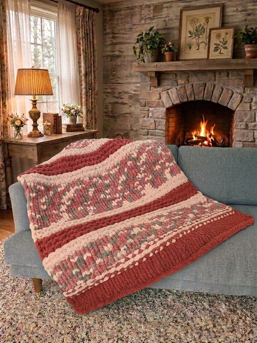 Equinox Blossom — mulberry, dusty pink, and sage — draped over a sofa beside a lit stone fireplace
