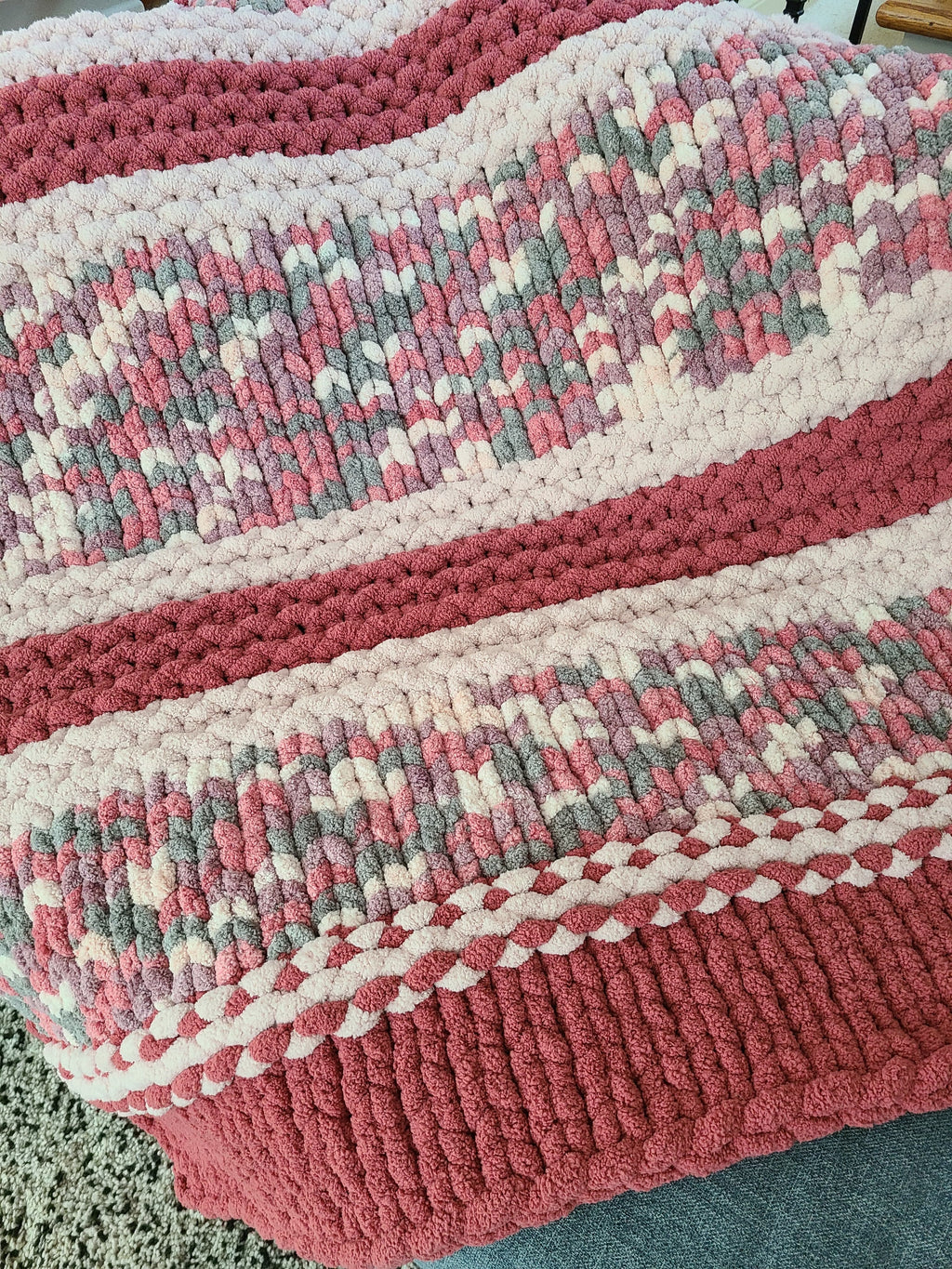 Equinox Blossom — mulberry, dusty pink, and sage — close-up of the mosaic-patterned knit