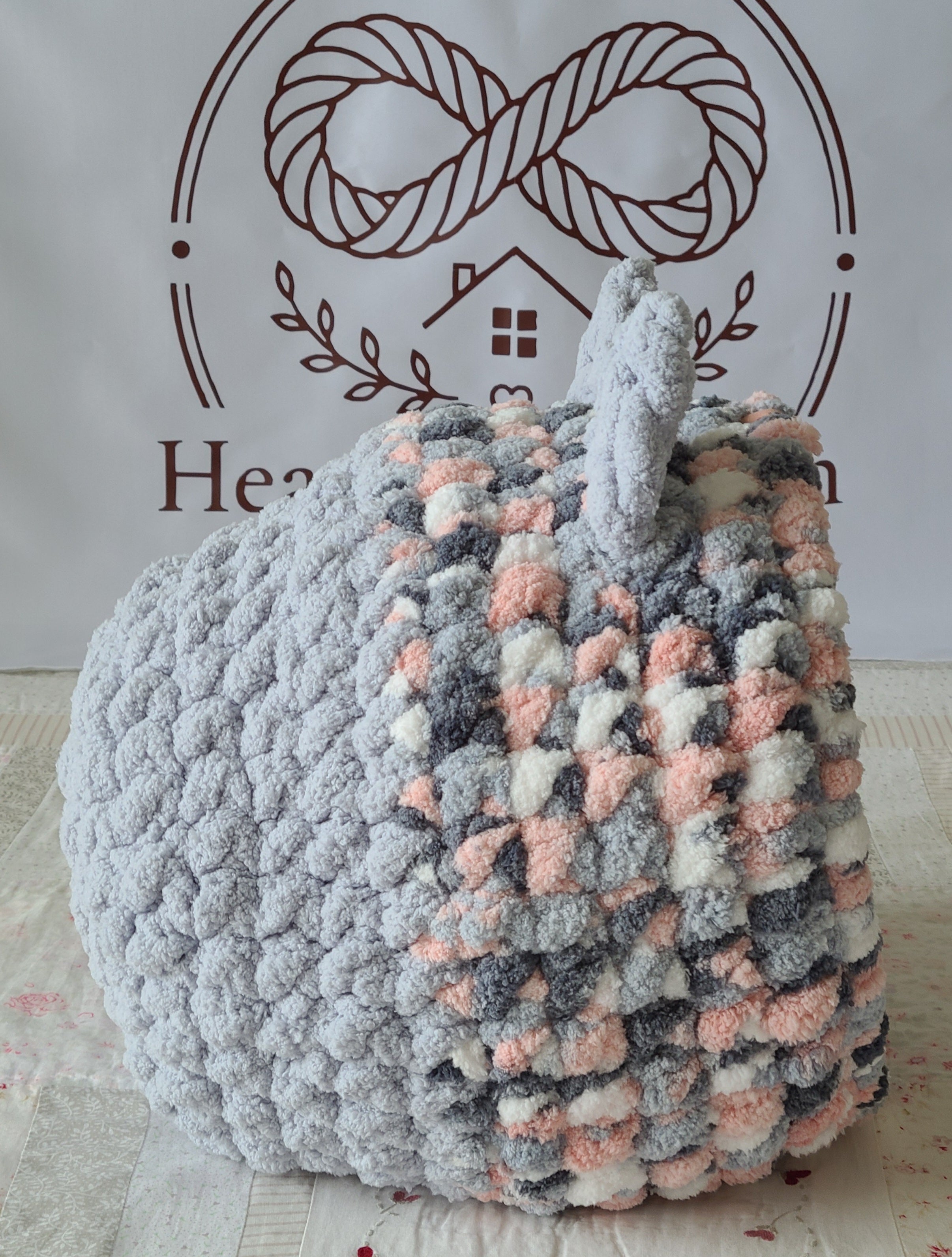 Snuggle Pod in Foggy Pink — blush and grey chenille — side view showing the knit ears