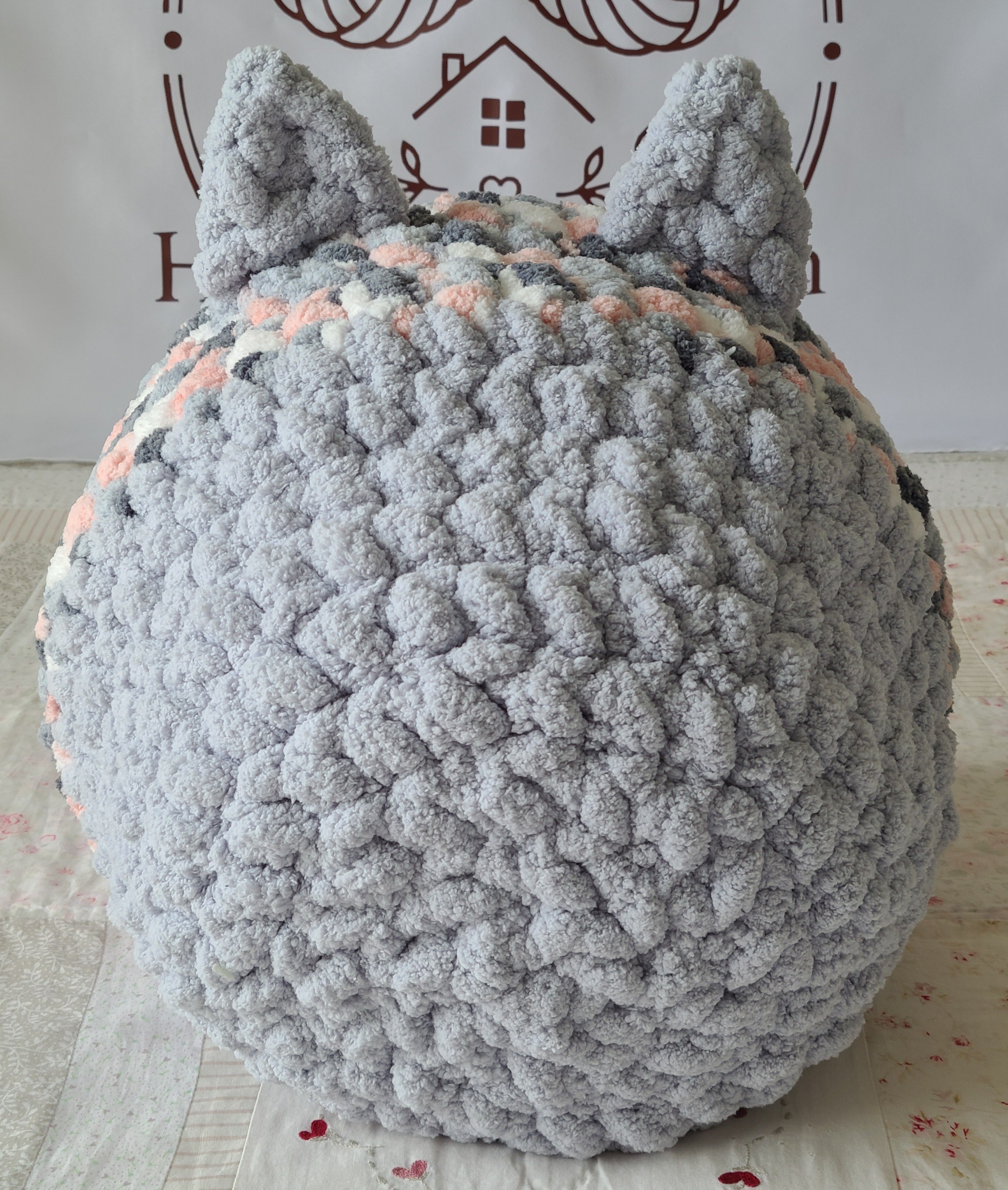 Snuggle Pod in Foggy Pink — soft grey chenille — back view of the domed shell with knit ears