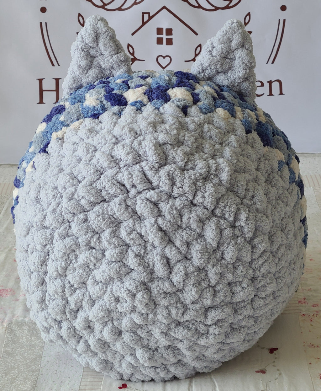 Snuggle Pod in Glacier Blue — soft grey and navy chenille — back view of the domed shell with knit ears