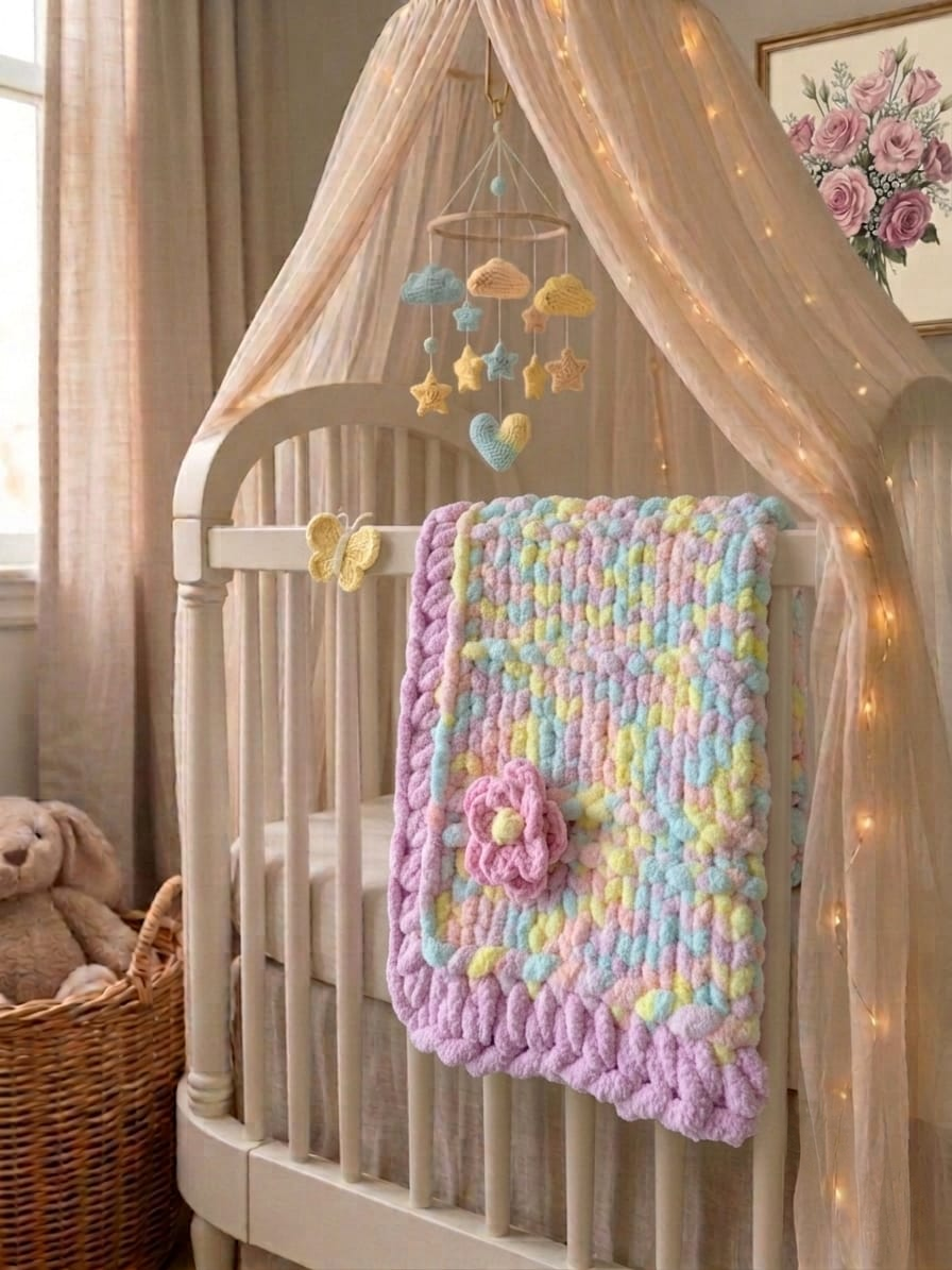 Lullaby Blossom baby blanket — pastel plaid with a lilac border — draped over a white crib rail in a soft nursery