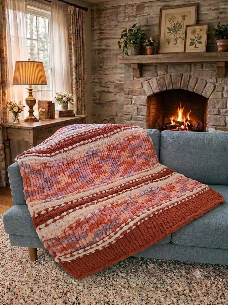 Solstice Sunset — persimmon, peach, and soft lilac — draped over a sofa beside a lit stone fireplace