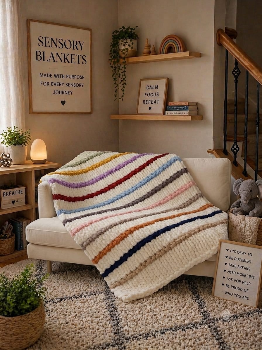 Timeless Eras — multicolour raised stripes on cream — draped over a cream sofa in the sensory studio corner