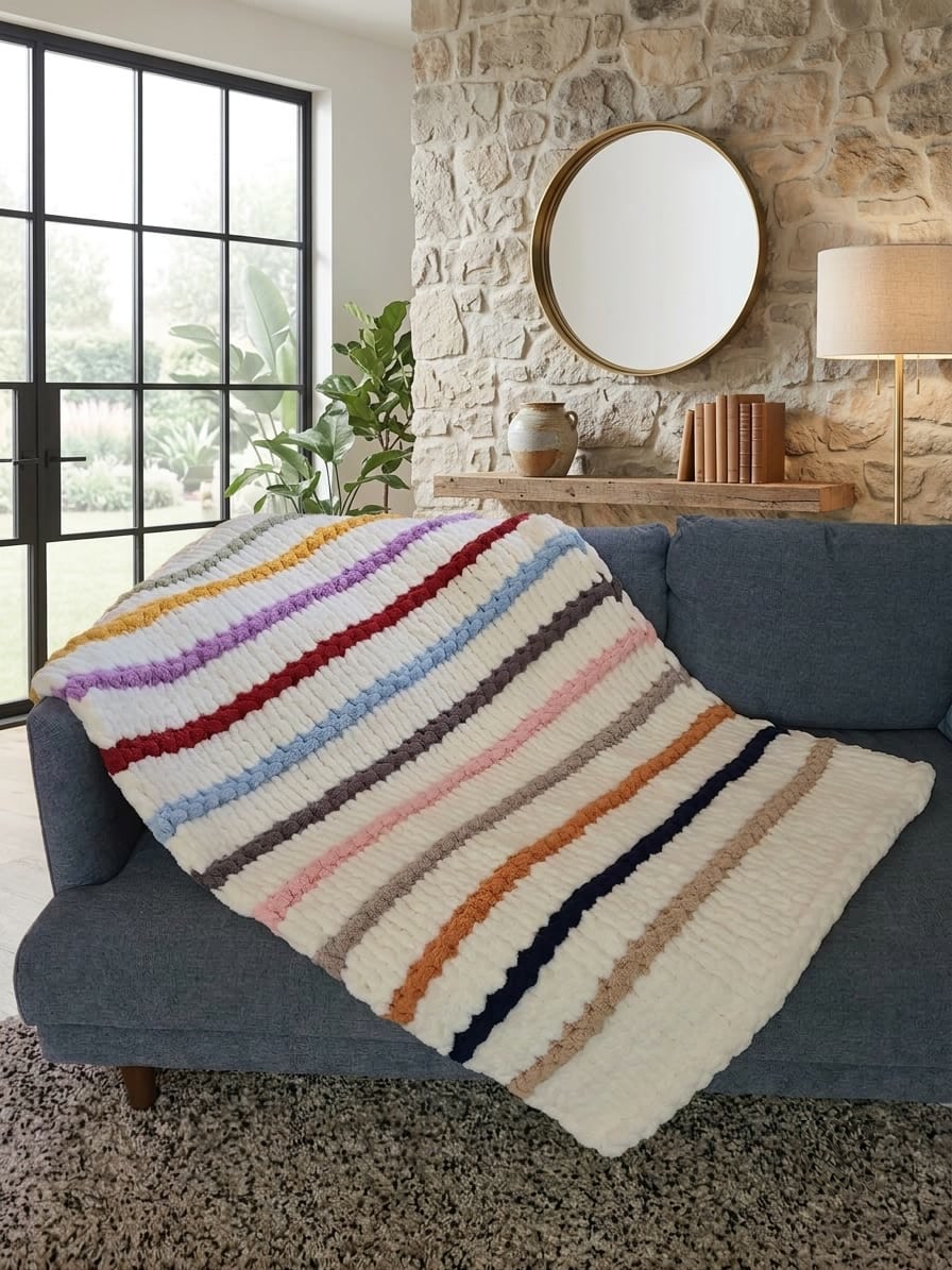 Timeless Eras — multicolour raised stripes on cream — draped over a blue sofa against a stone wall