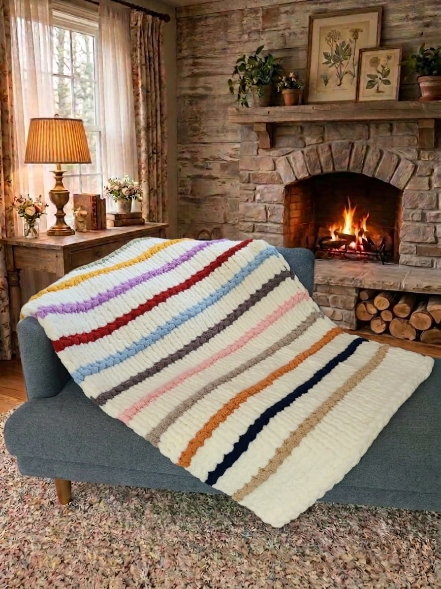 Timeless Eras — multicolour raised stripes on cream — draped over a sofa beside a lit stone fireplace