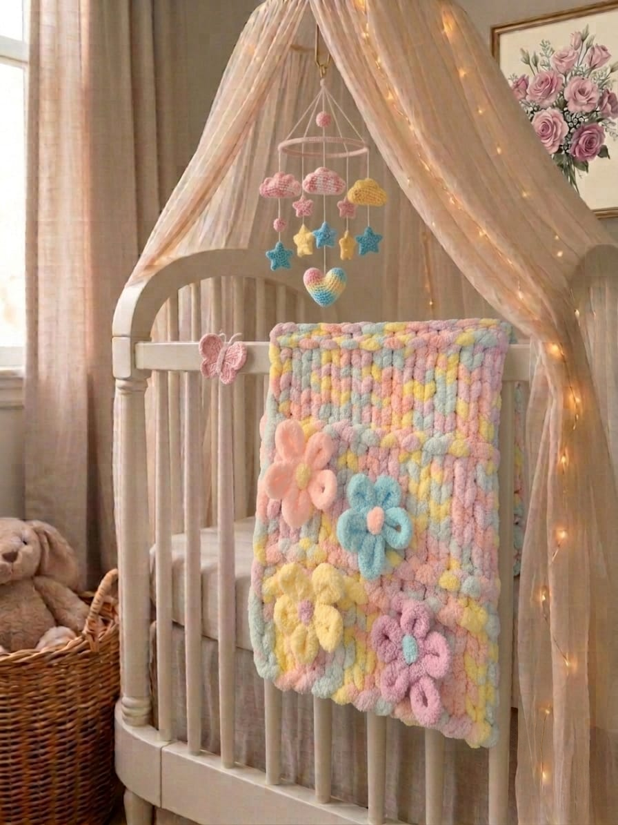 Wildflower Whisper baby blanket — pastel macaron tones — draped over a white crib rail in a soft nursery