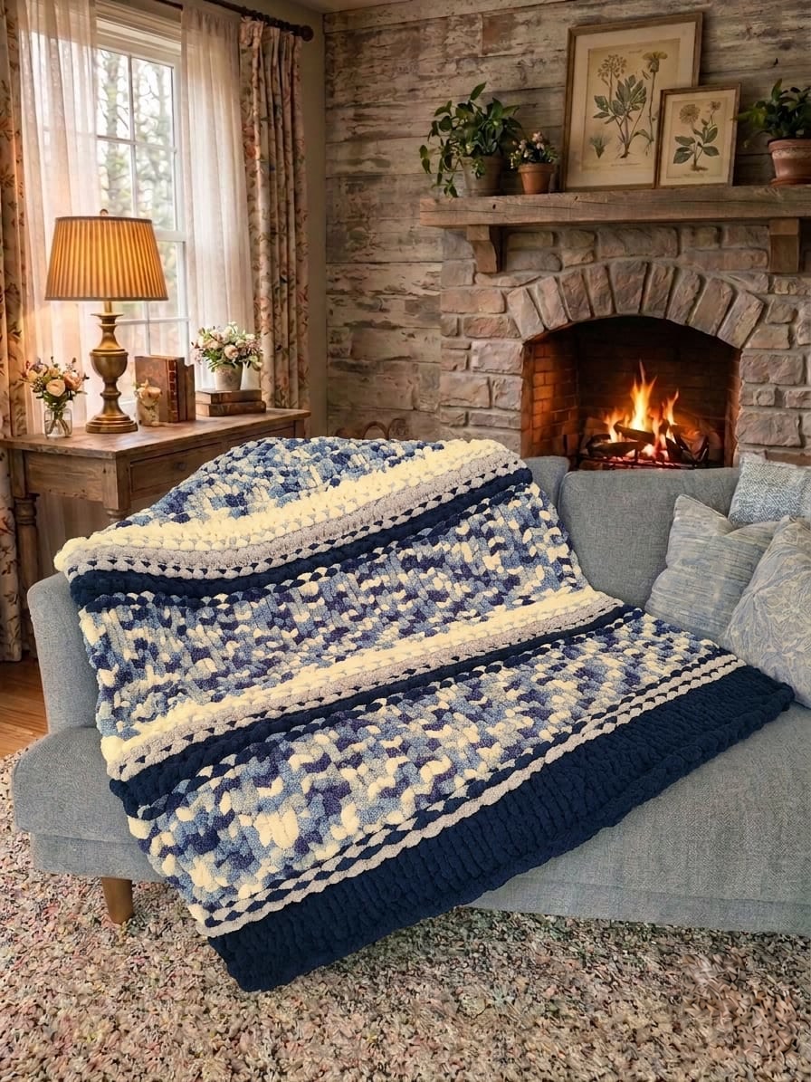 Winter Solstice — deep navy, light gray, and cream — draped over a sofa beside a lit stone fireplace