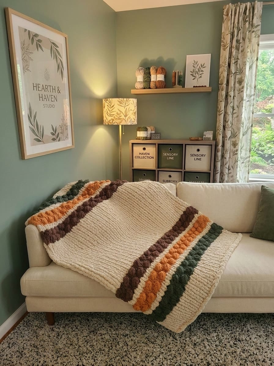 Woodland Ridge — olive, butterscotch, and taupe on oatmeal — draped over a cream sofa in the Hearth & Haven studio