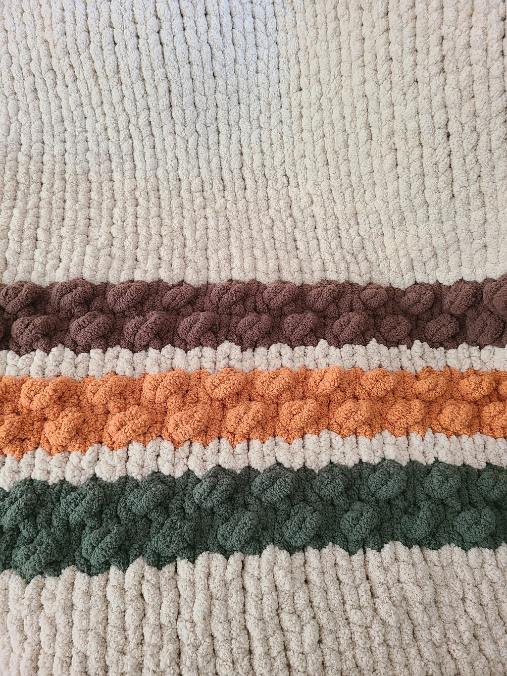 Woodland Ridge — olive, butterscotch, and taupe on oatmeal — close-up of the raised bobble stripes