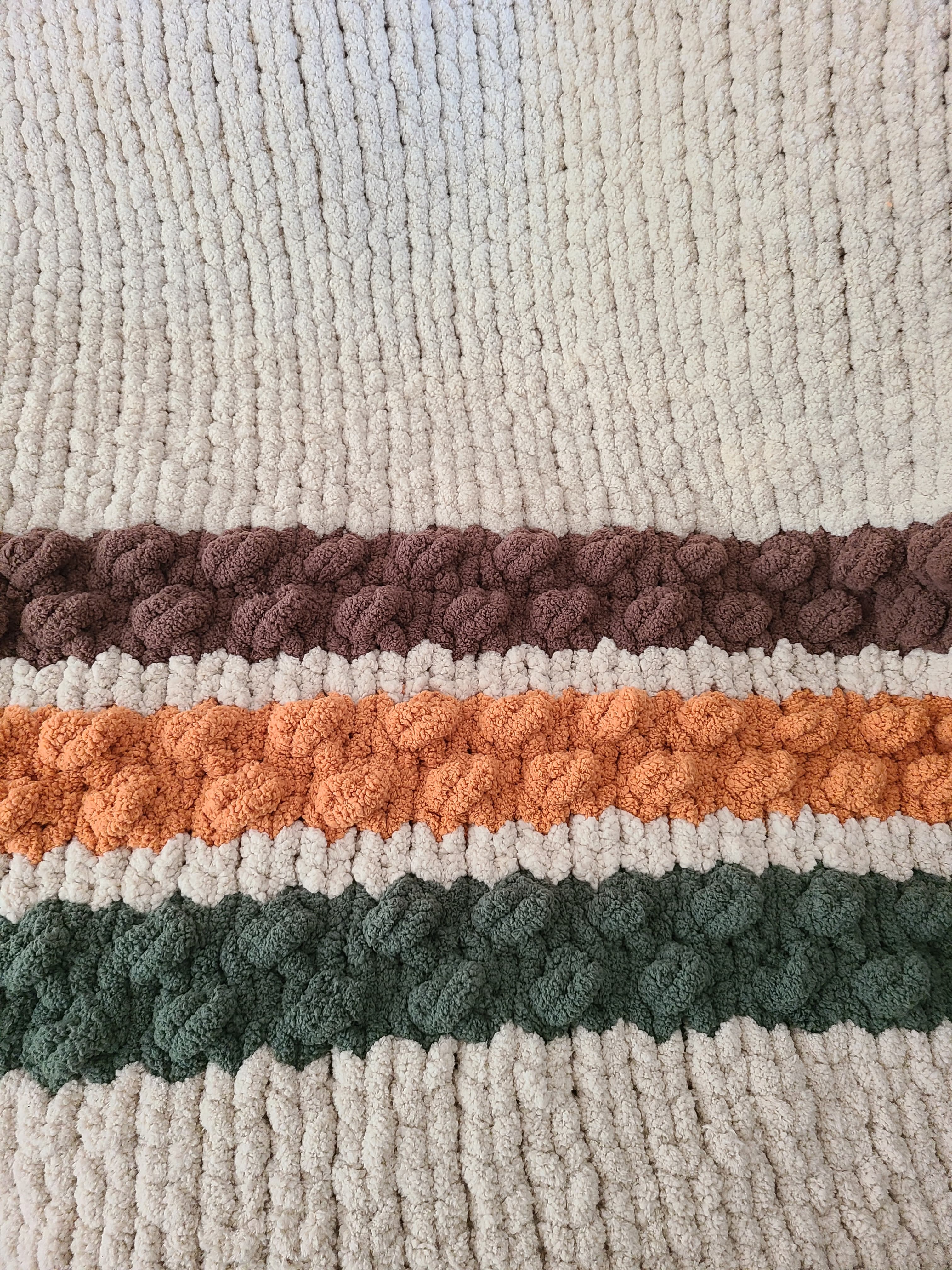 Woodland Ridge — olive, butterscotch, and taupe on oatmeal — close-up of the raised bobble stripes