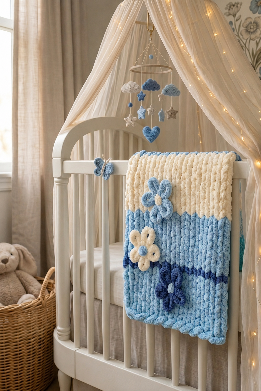 Bluebell Breeze baby blanket — sky blue and cream — folded flat with 3D flowers and ivory stripes