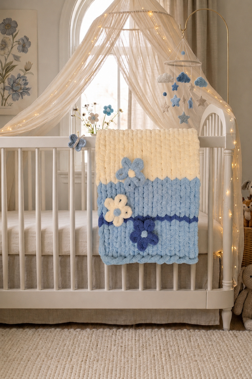 Bluebell Breeze baby blanket — sky blue and cream — draped over a white nursery chair