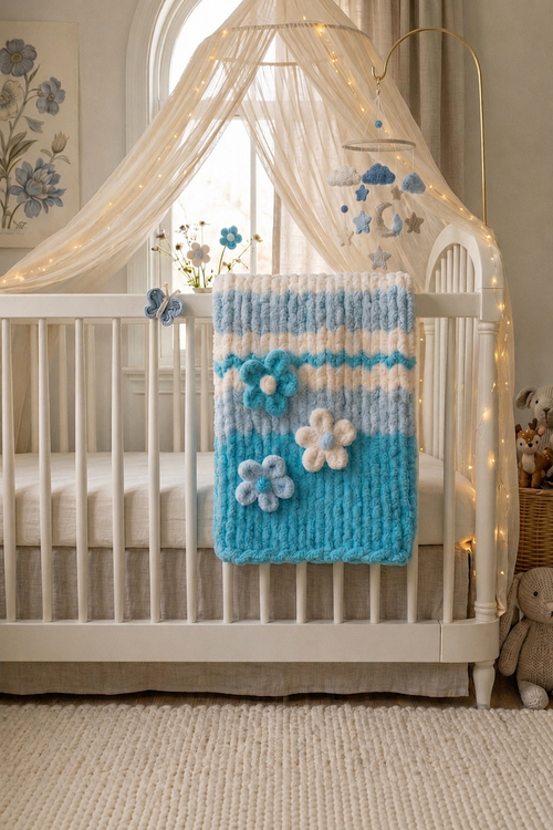 Cerulean Garden baby blanket — lake blue and aqua — displayed open in a gender-neutral nursery