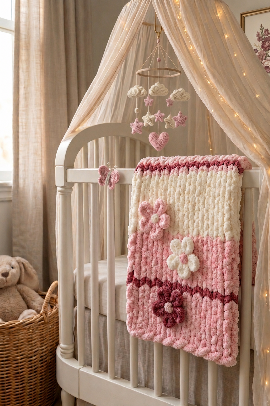 English Rose baby blanket — soft pink and ivory — folded flat showing 3D floral detail