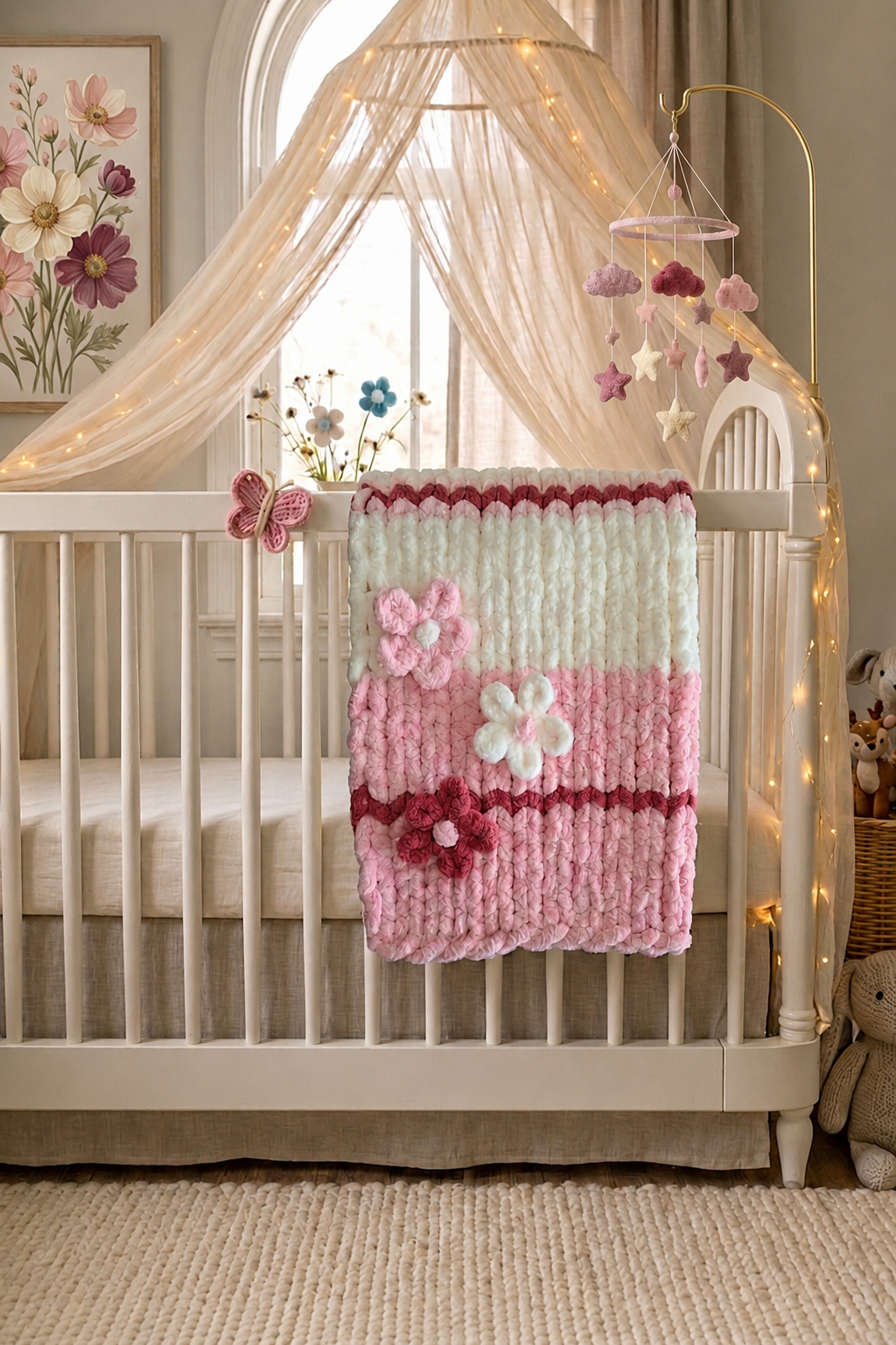 English Rose baby blanket — soft pink and ivory — draped over a nursery crib rail