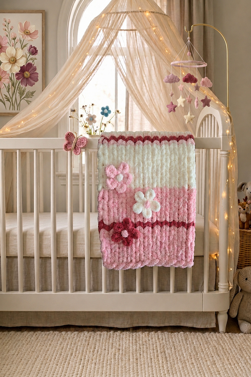 English Rose baby blanket — soft pink and ivory — draped over a nursery crib rail