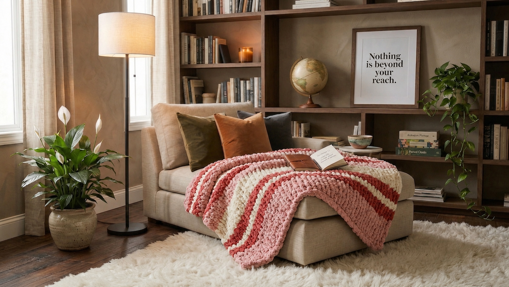 English Tea Rose — dusty rose, creamy ivory, and mulberry — laid across a bedroom armchair