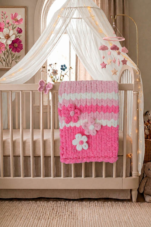 Hibiscus Bloom baby blanket — bright pink gradient — folded flat showing 3D flower texture
