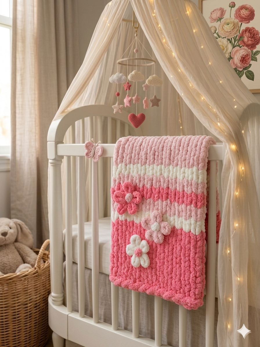 Hibiscus Bloom — bright pink gradient — lifestyle photo spread on a cream nursery rug