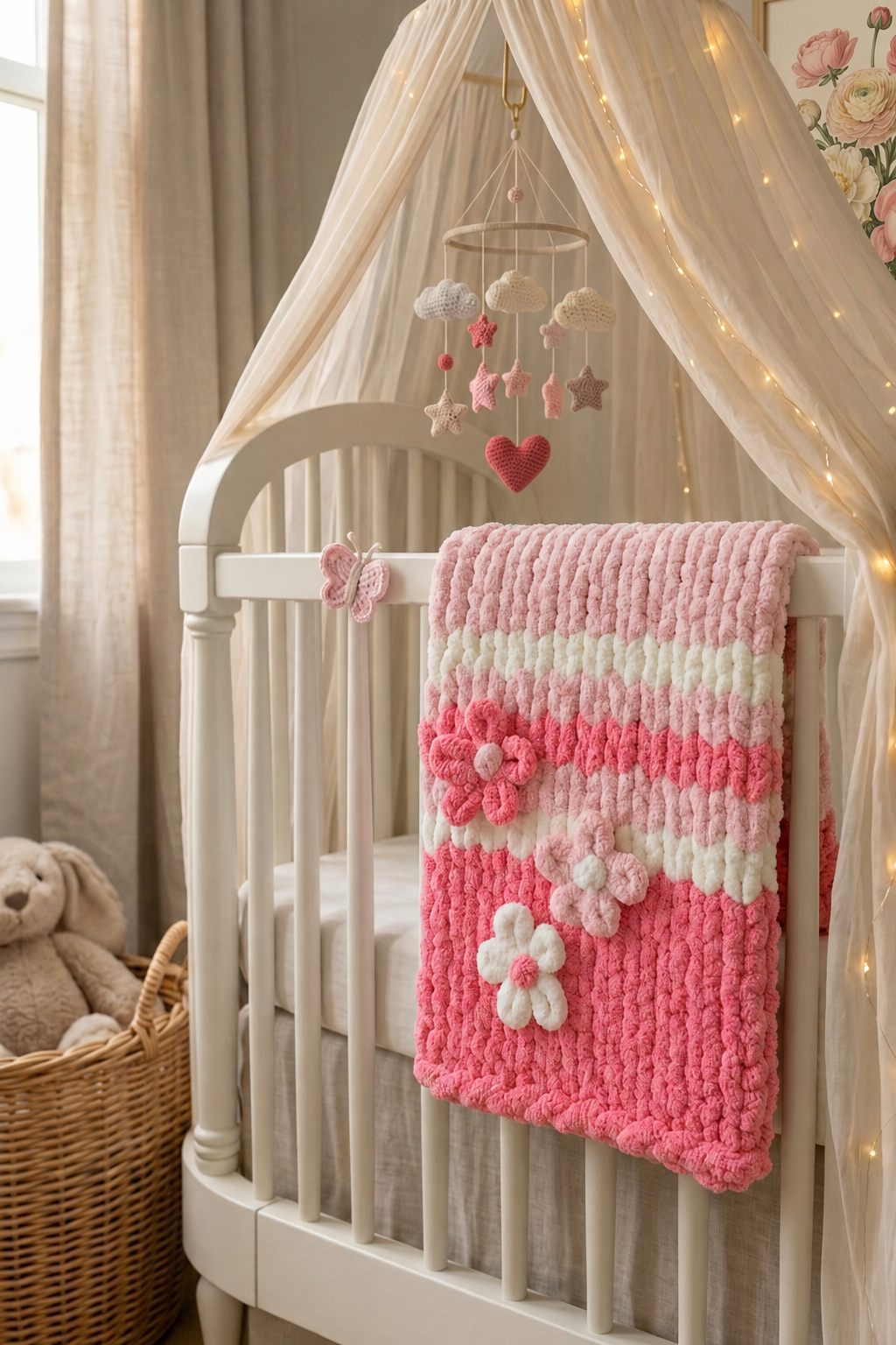 Hibiscus Bloom baby blanket — bright pink gradient — spread open on a cream nursery rug