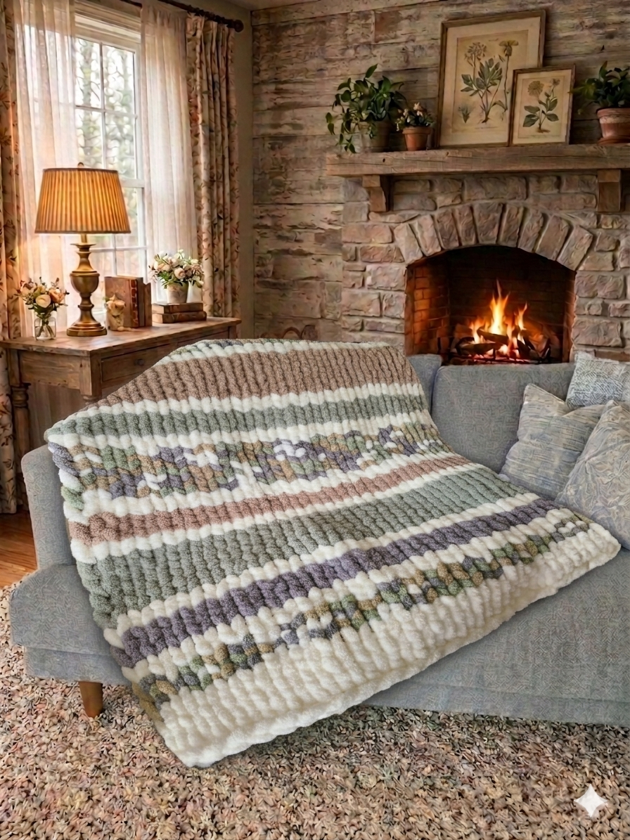 Highland Mist — cream, sage, and khaki — lifestyle photo of plush chunky knit texture