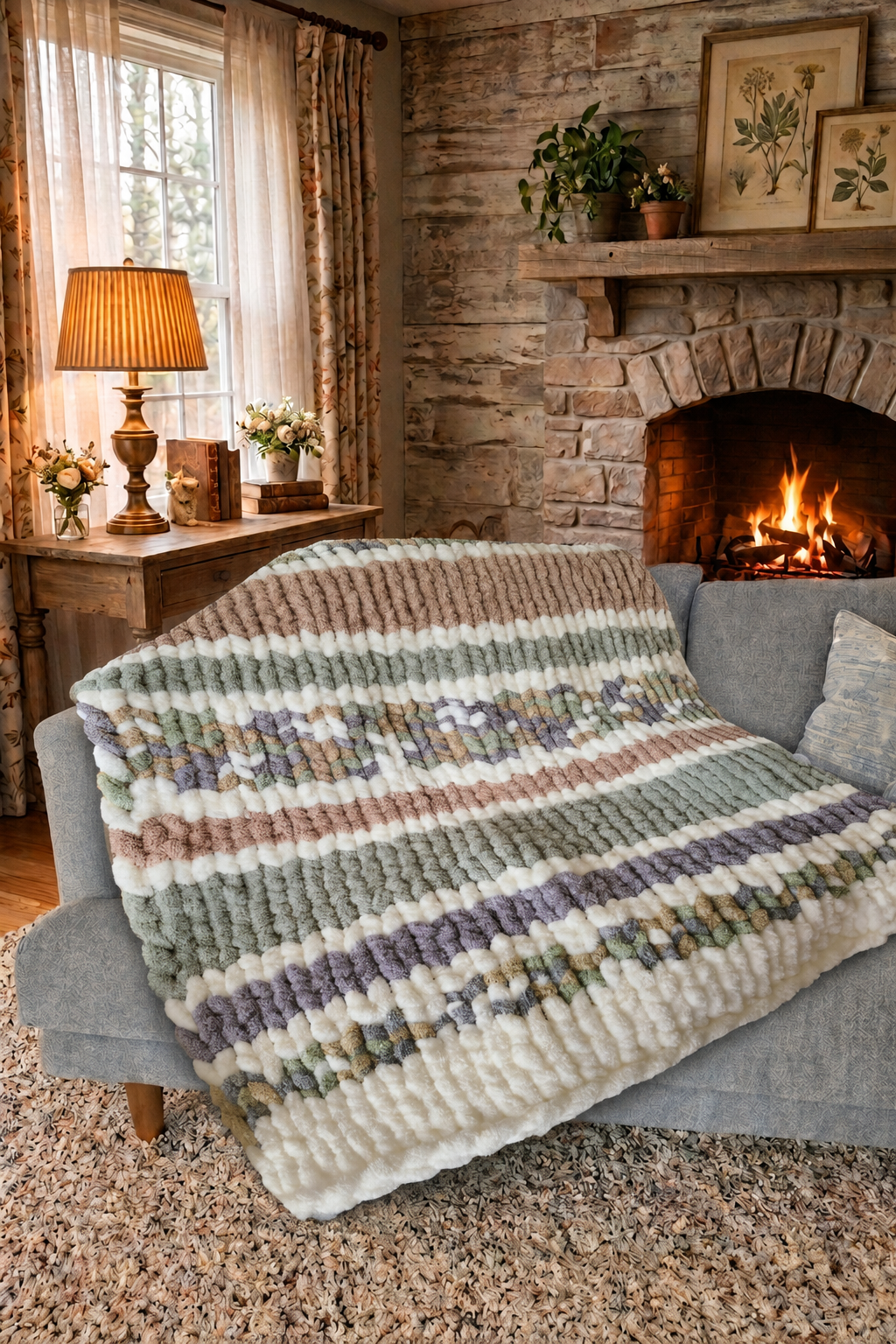 Highland Mist — cream, sage, khaki, and soft gray — close-up texture detail