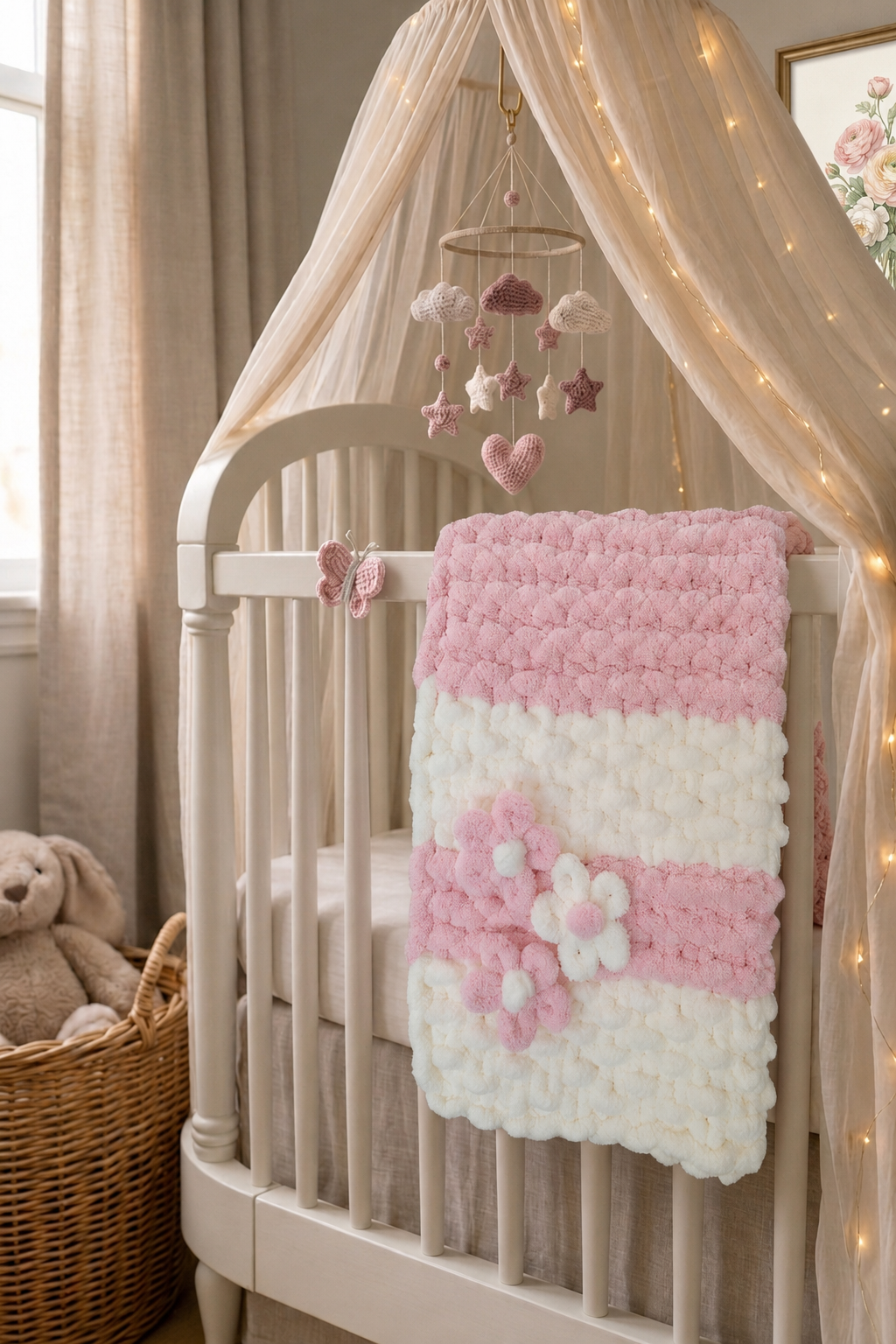 Primrose Petal baby blanket — soft pink and ivory seed stitch — folded flat showing pebbled texture