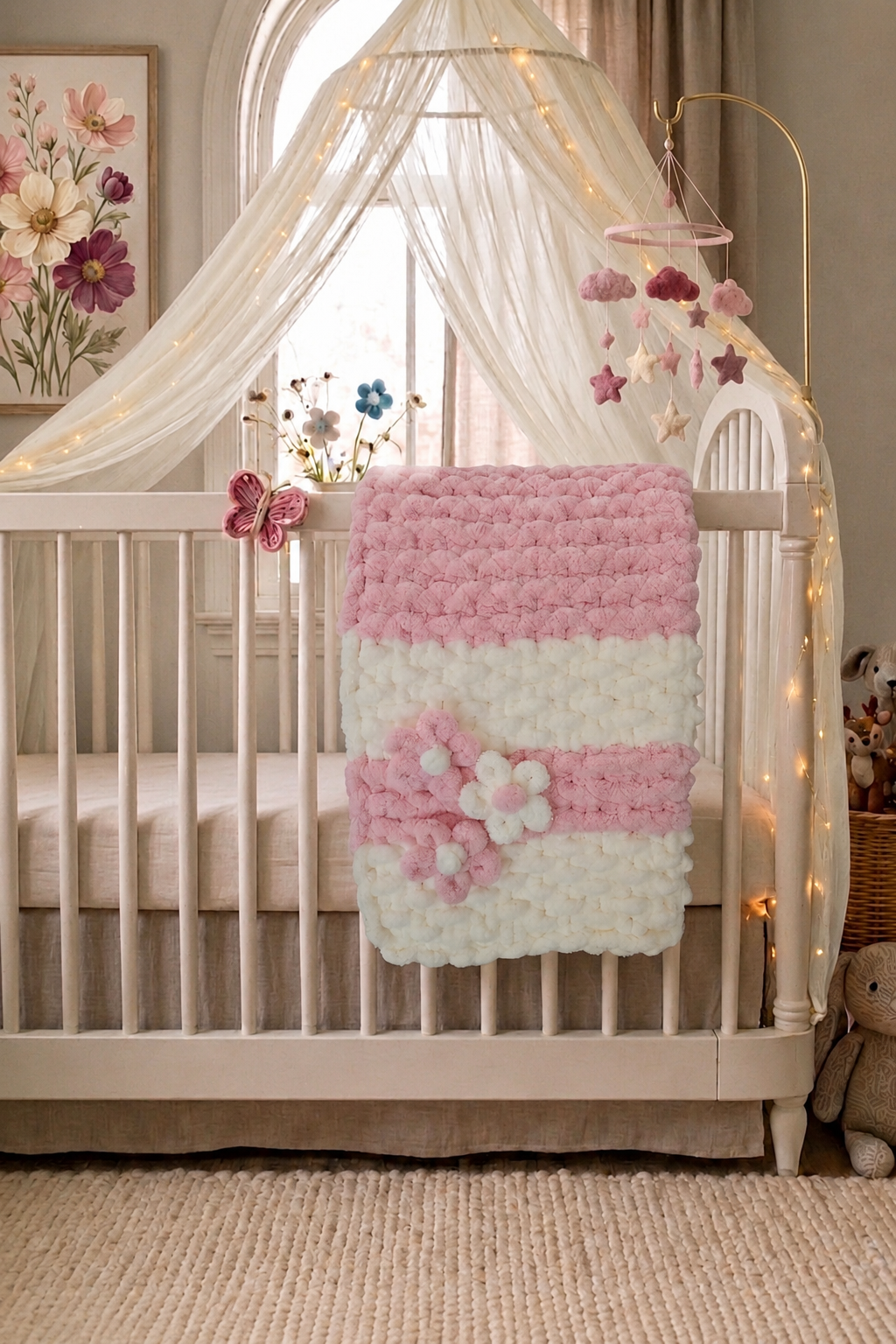 Primrose Petal baby blanket — soft pink and ivory — displayed with 3D flowers on a nursery shelf