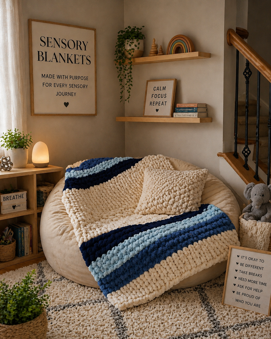 Quiet Tide blanket — deep navy and sky blue — folded neatly on a linen armchair