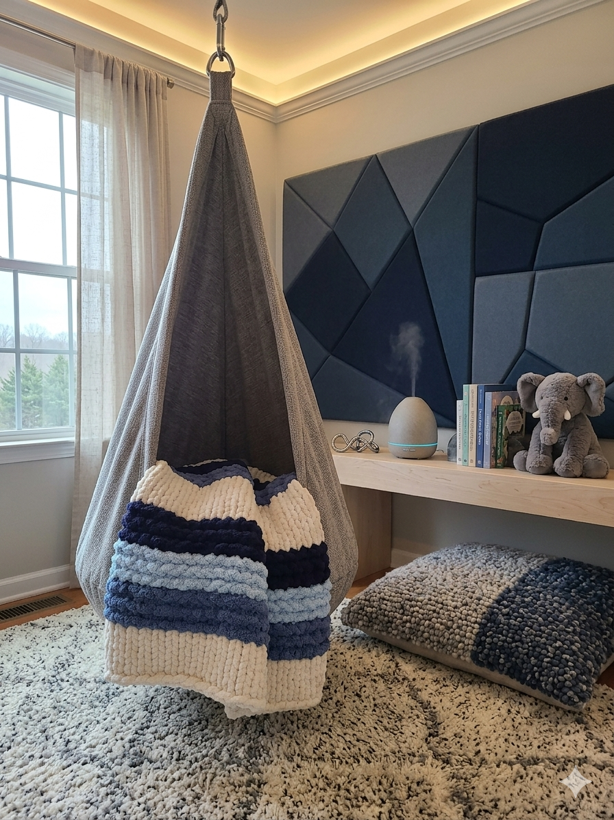 Quiet Tide — deep navy and sky blue — lifestyle photo draped over the back of a chair