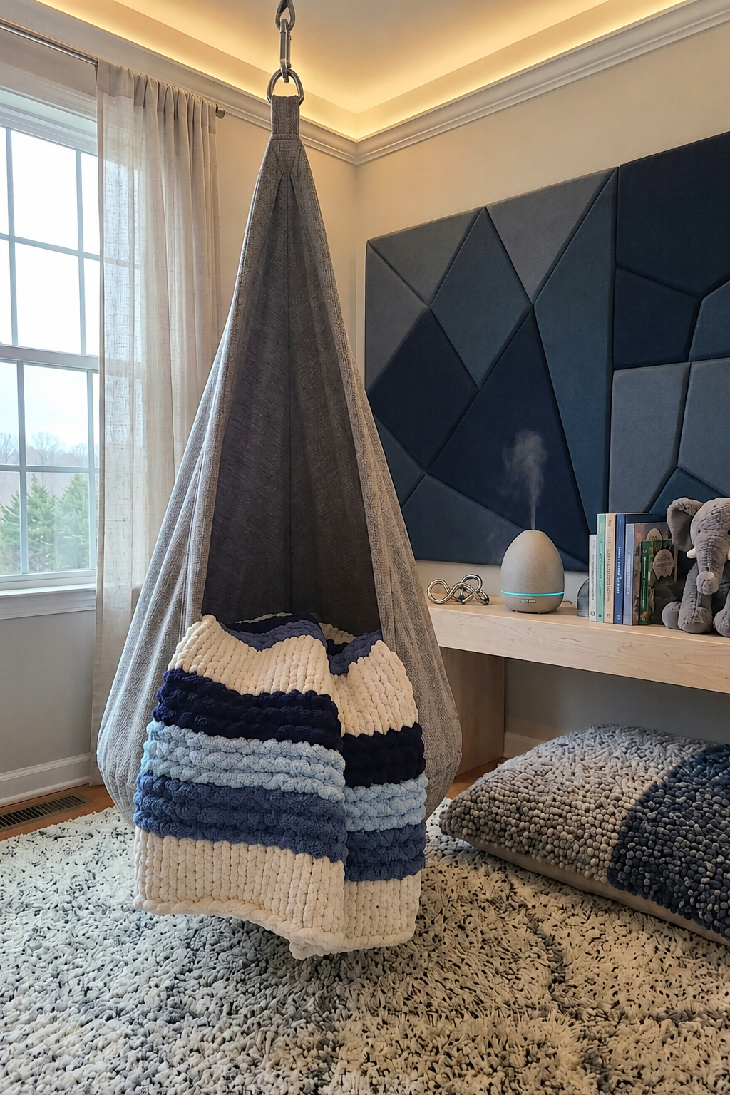 Quiet Tide blanket — deep navy and sky blue — draped over the back of a chair showing texture detail