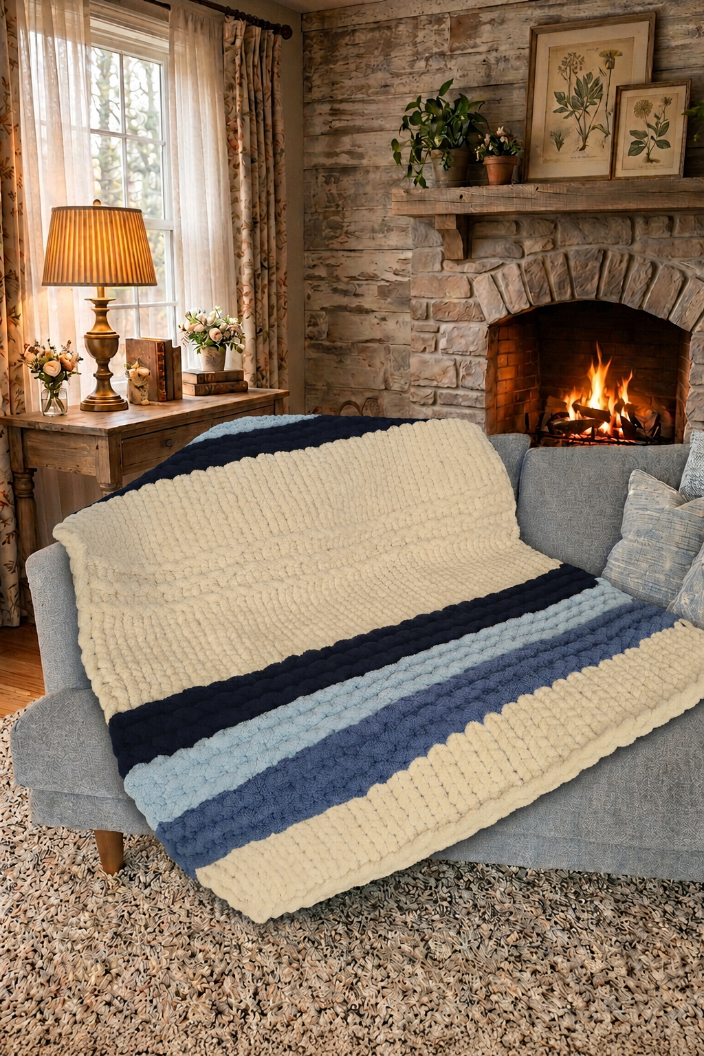 Quiet Tide blanket — coastal blue gradient — laid flat showing full width