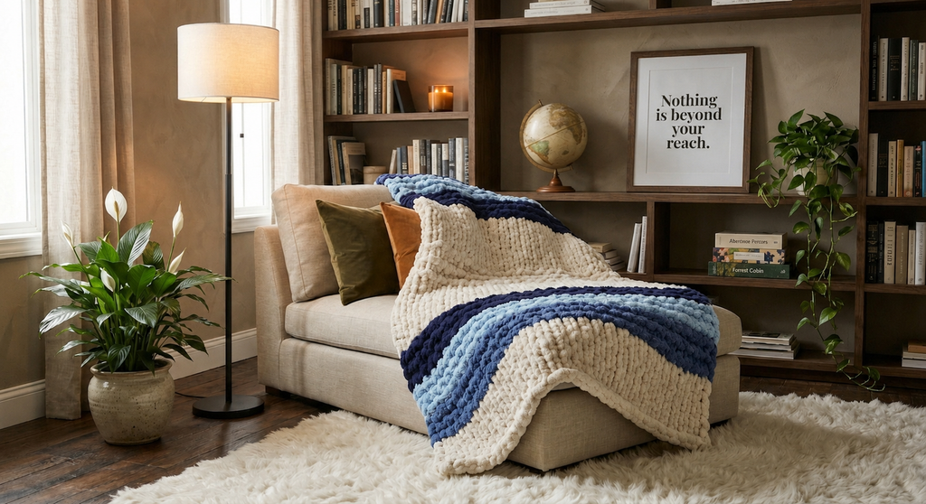 Quiet Tide blanket — navy and ivory — wrapped around shoulders in a cozy setting