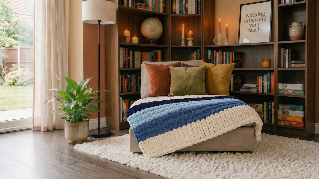 Quiet Tide blanket — full length — displayed with scale reference