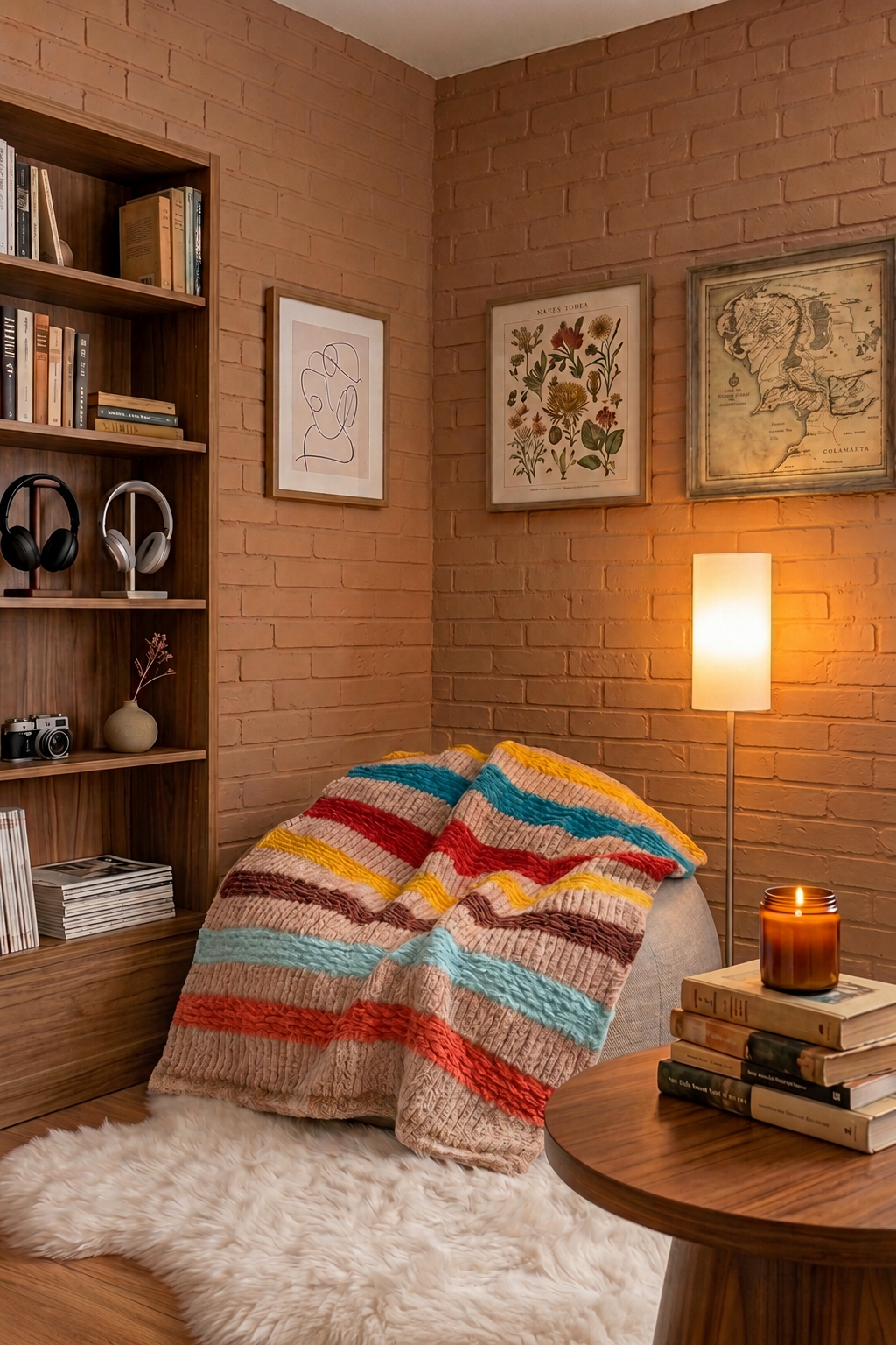 Saffron Anchor blanket — persimmon, marigold, and teal on khaki — folded on a sofa