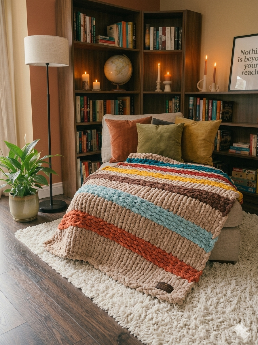 Saffron Anchor — persimmon and marigold on khaki — lifestyle photo of raised stripe ridges