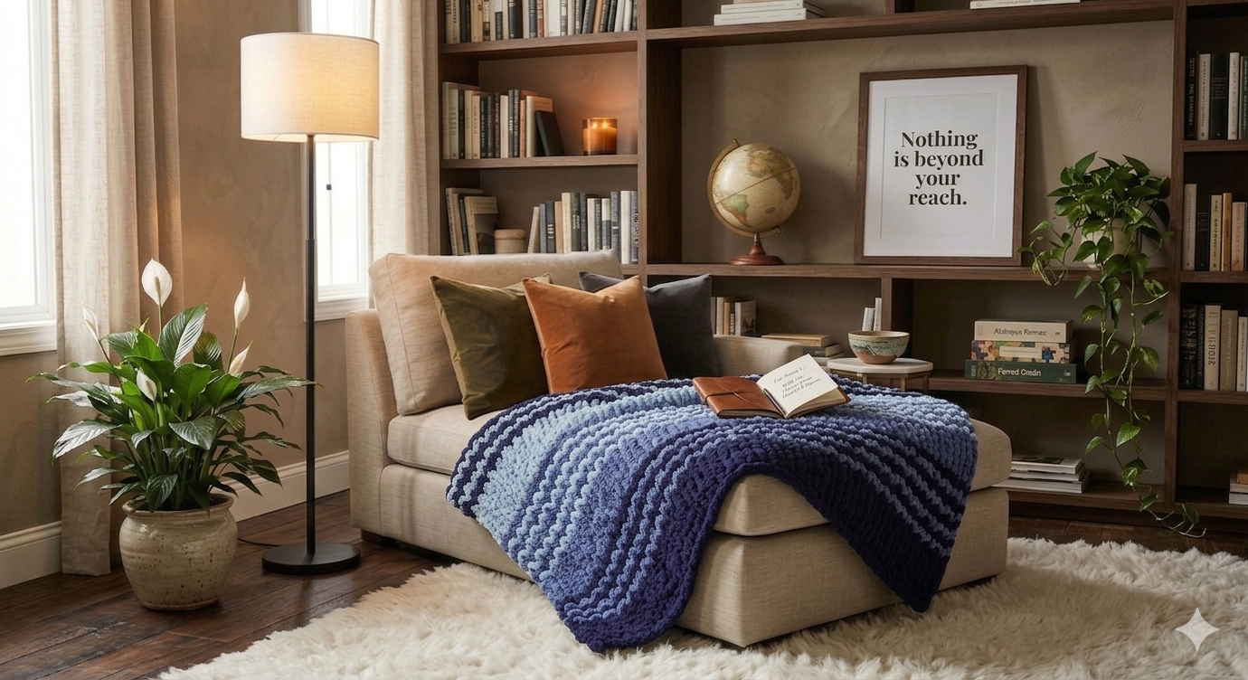 Sapphire Hearth — light blue and deep navy gradient — lifestyle photo of folded gradient stripe