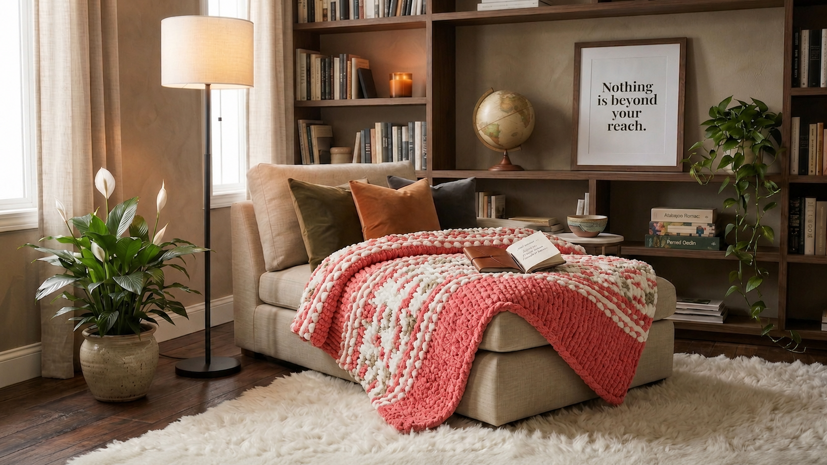 Solstice Ember — terracotta rose, cream, and khaki green — wrapped over a reading chair