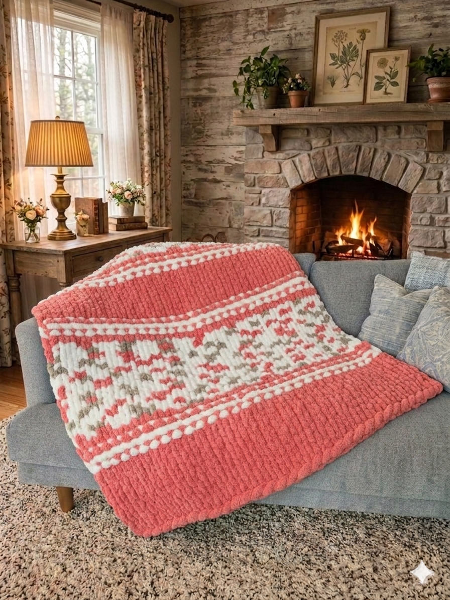Solstice Ember — terracotta rose and khaki green — lifestyle photo of striped speckled knit